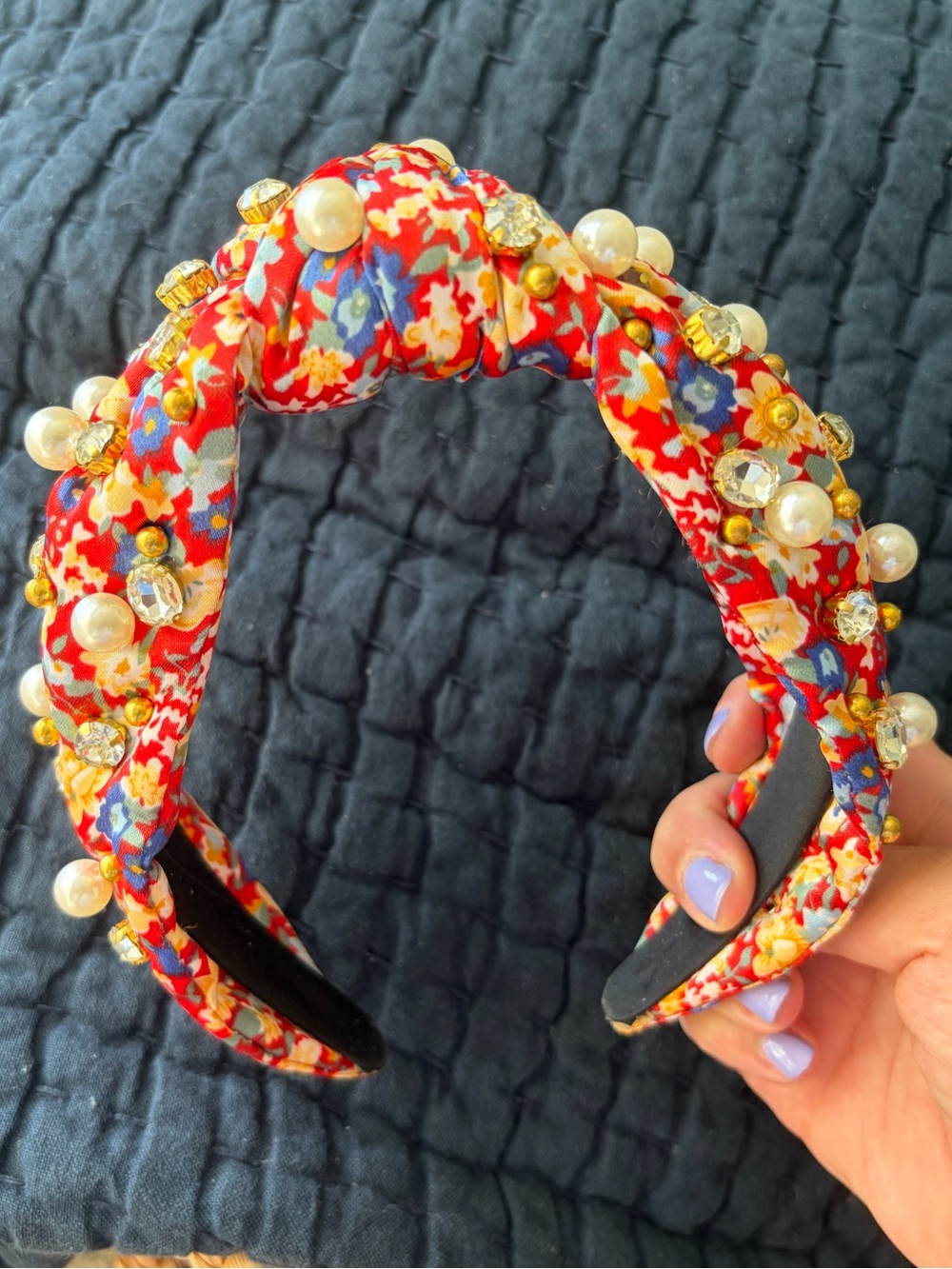 Embellished Red Floral Pearl Headband - Picture 3 of 3